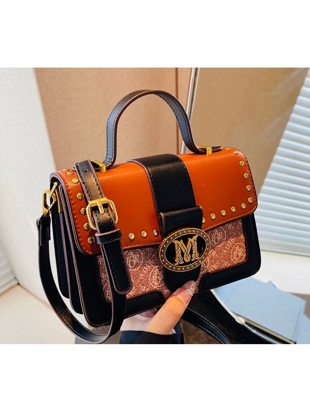 >SALE< New - Unique & Trendy Rivet Adorned Luxury Faux Leather Crossbody Bag